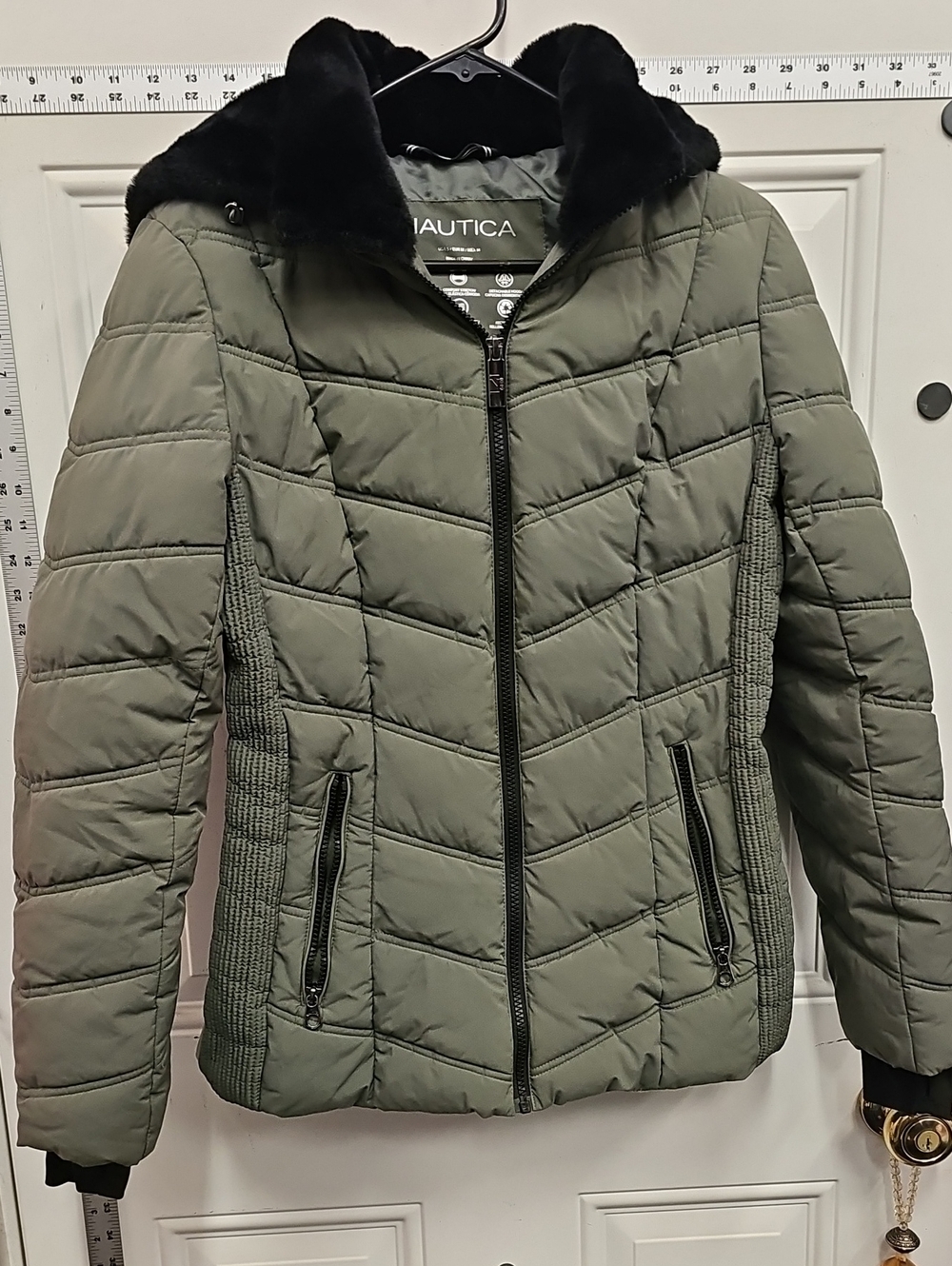 Nautica Olive Green Quilted Puffer Jacket with Black Faux-Fur Hood